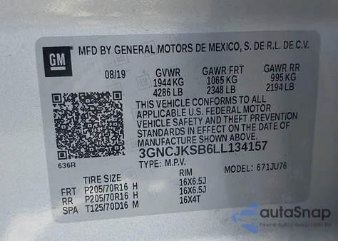 2020 Chevrolet Trax Fwd Ls z USA, uszkodzony, nr VIN 3GNCJKSB6LL134157